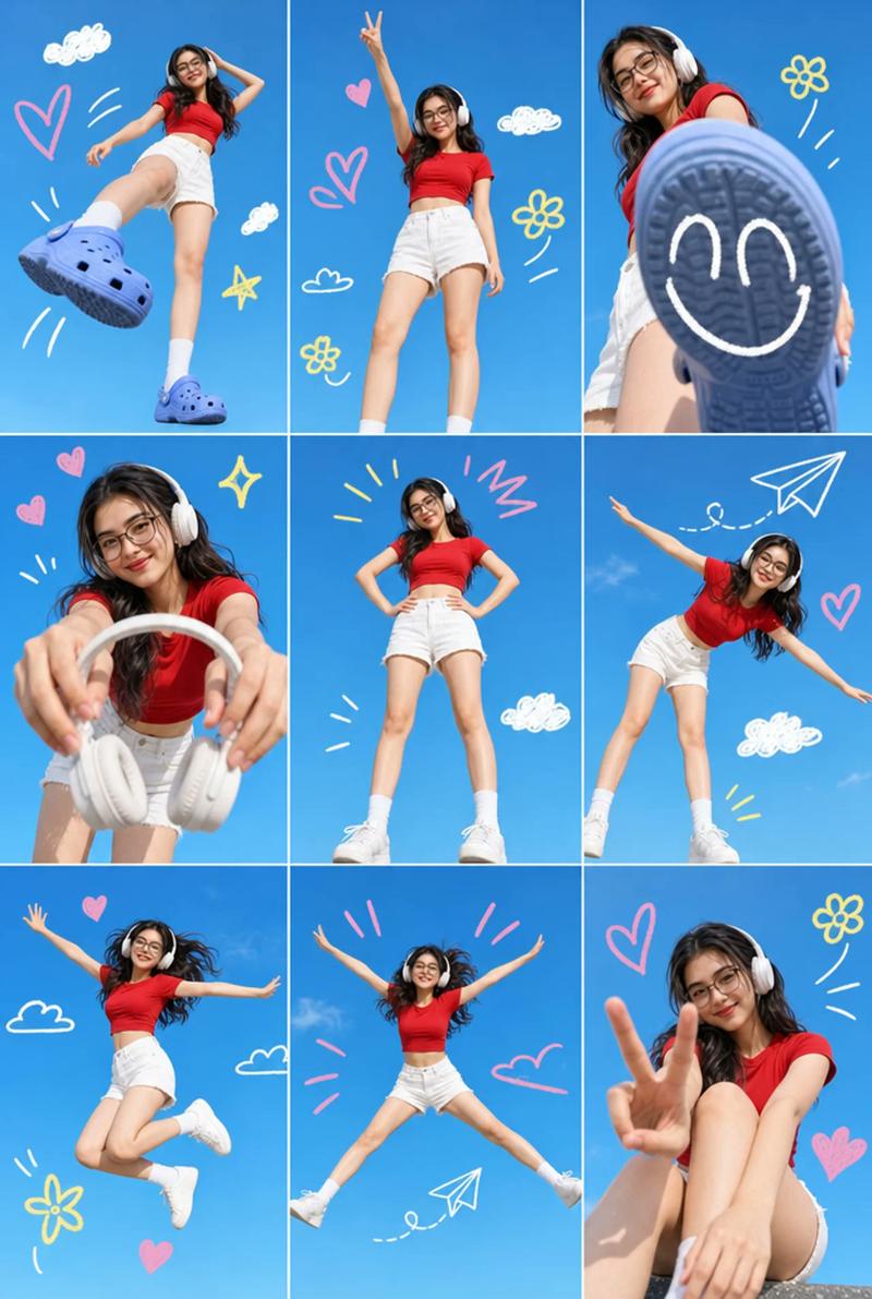 亚洲少女蓝天涂鸦九宫格摄影