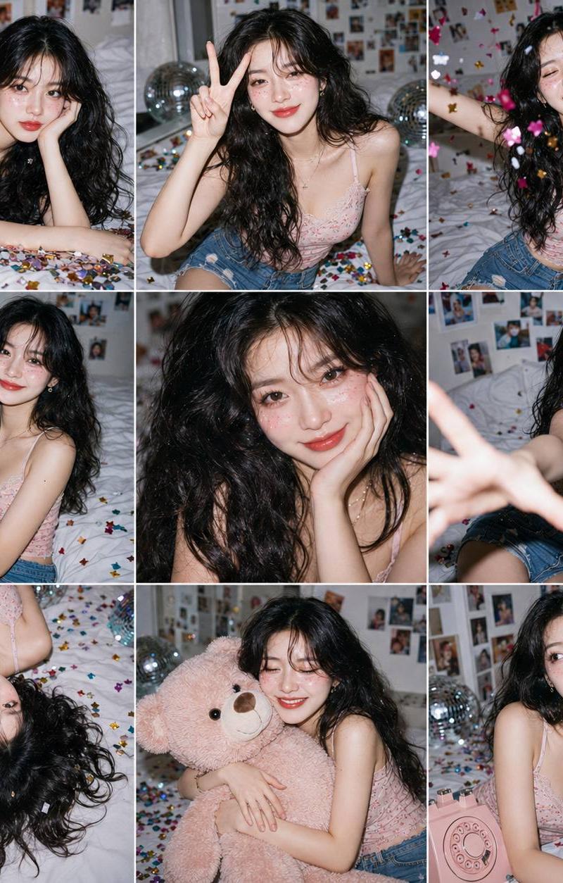 亚裔少女GenZ风格派对九宫格拼贴写真