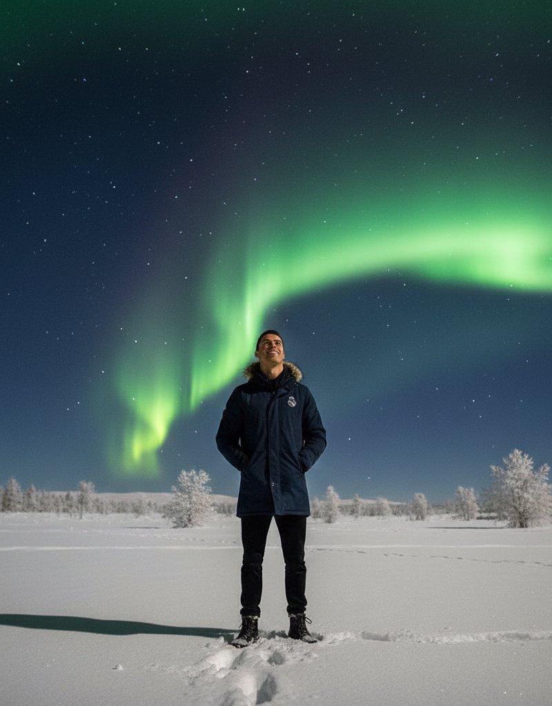 绝美极光下雪地仰望星空的微笑人像