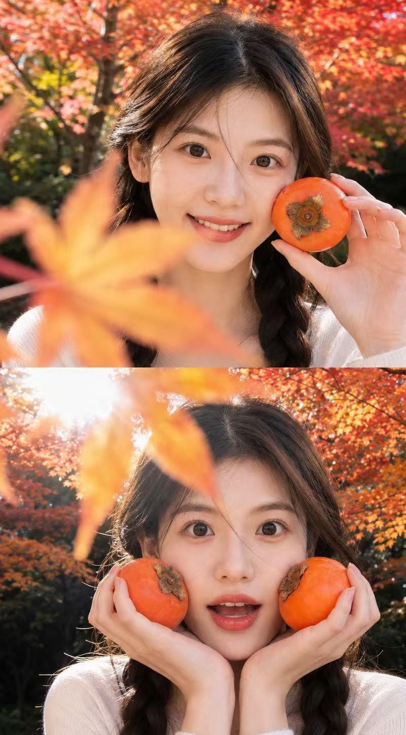 秋季枫林柿子双格人像写真