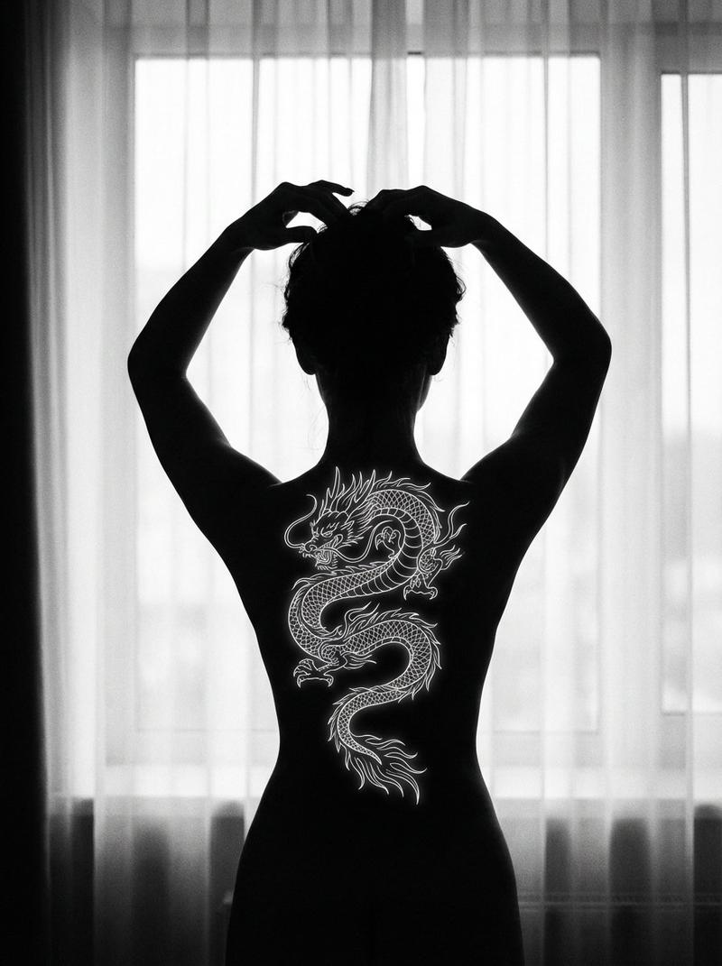 逆光剪影背上的发光白龙纹身