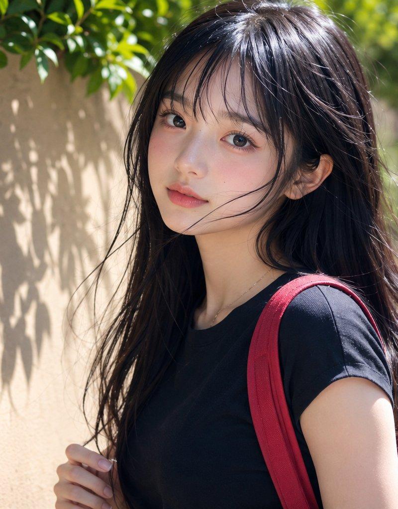 阳光下背红色背包的日系清纯少女