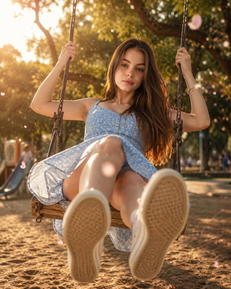 阳光下荡秋千的美丽少女广角透视