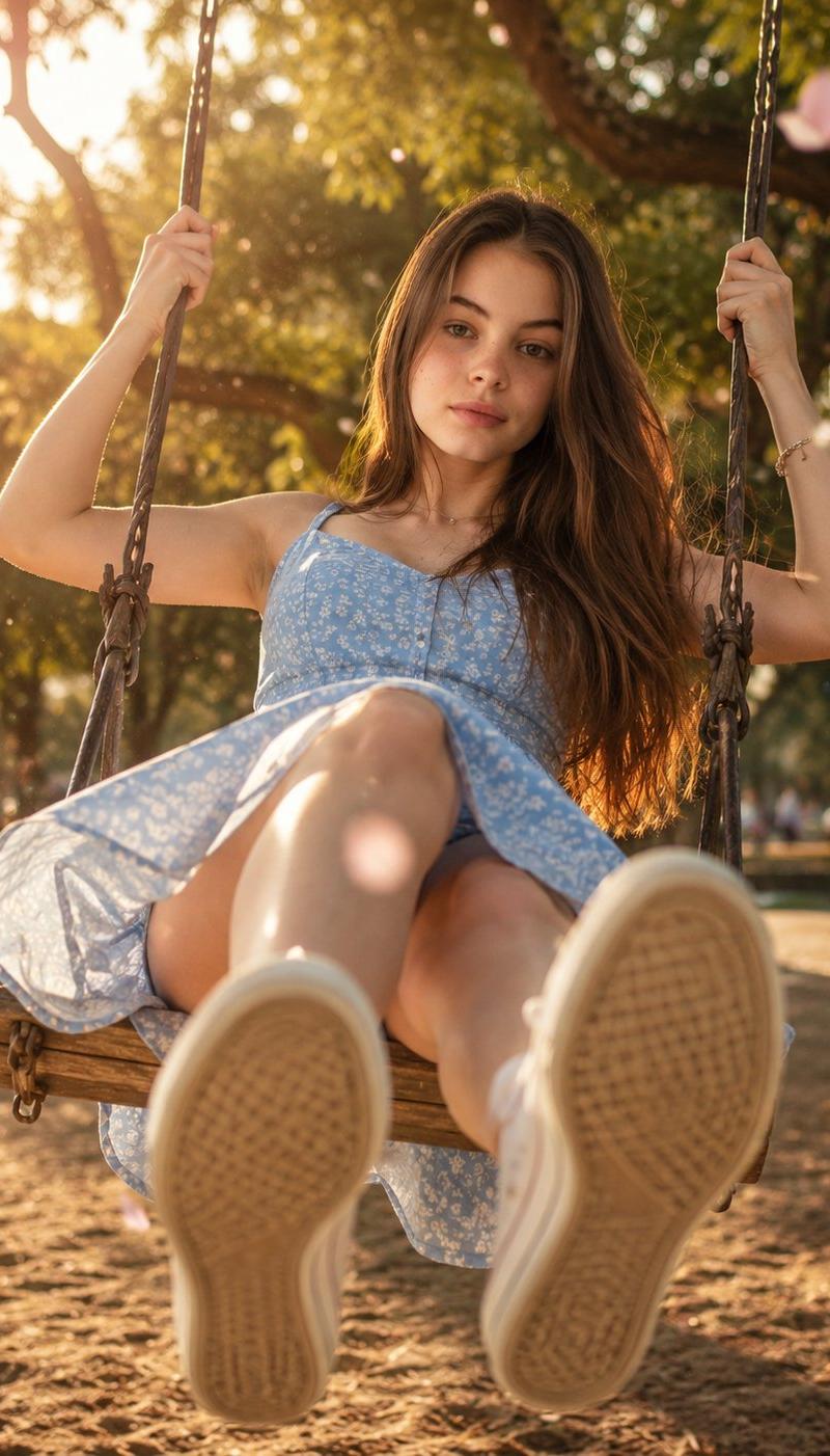 阳光下荡秋千的美丽少女广角透视