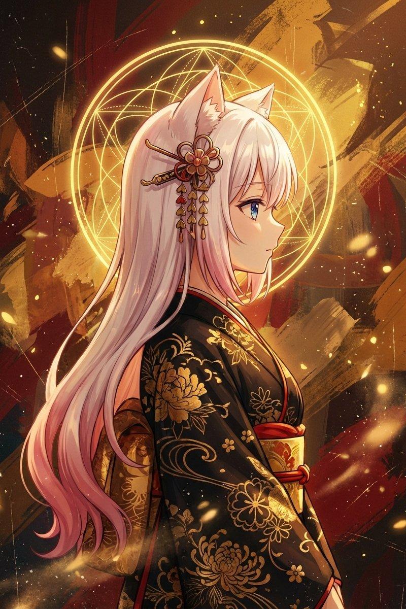 黑金和服猫耳少女的神圣光环侧影
