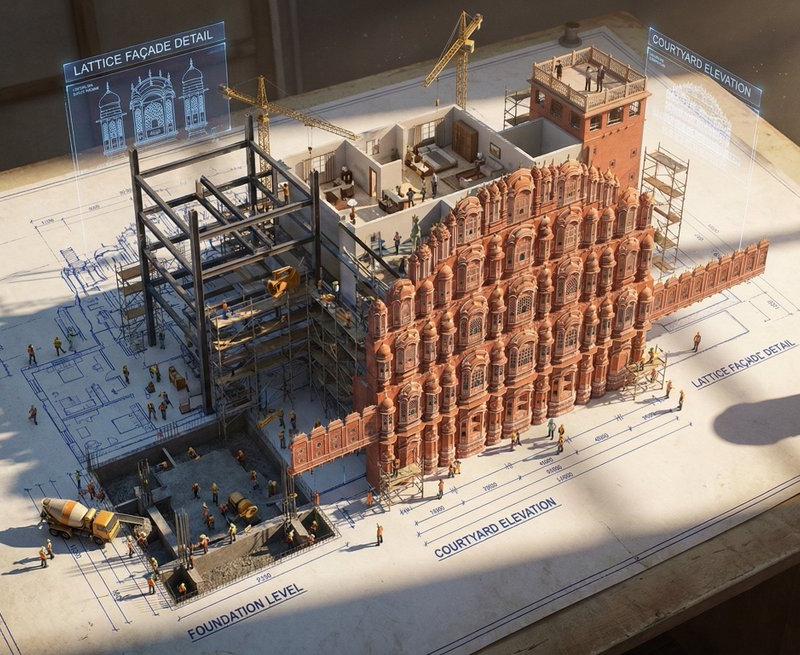 蓝图墨线幻化成真实宏伟大楼的超现实奇观