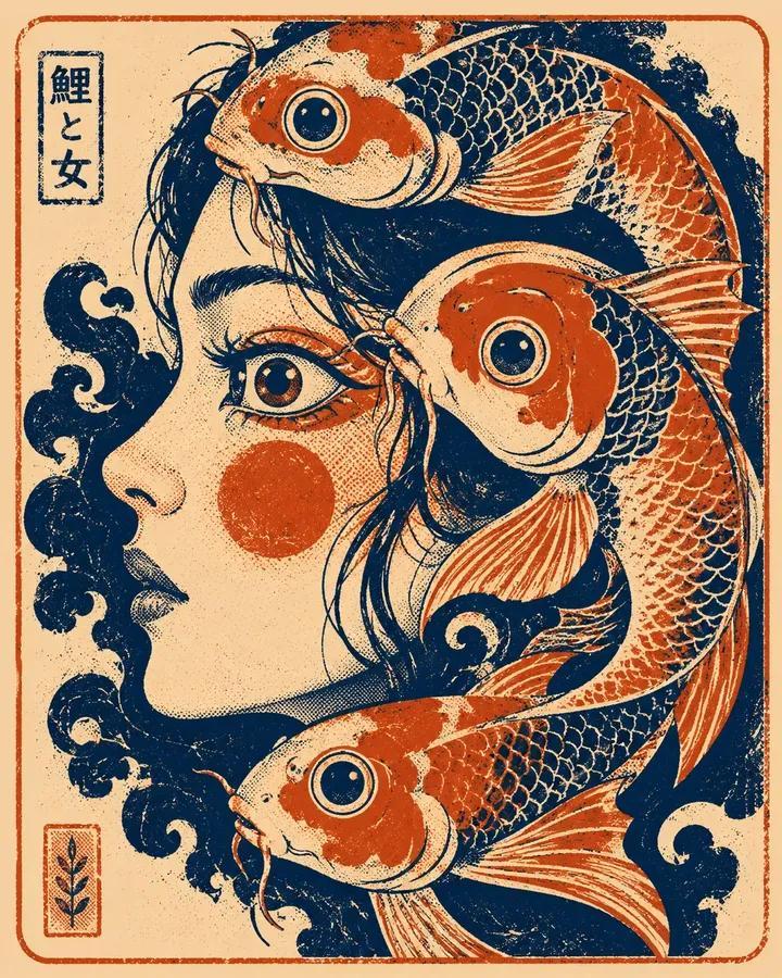 丝网印刷风格人像与动物交织插画