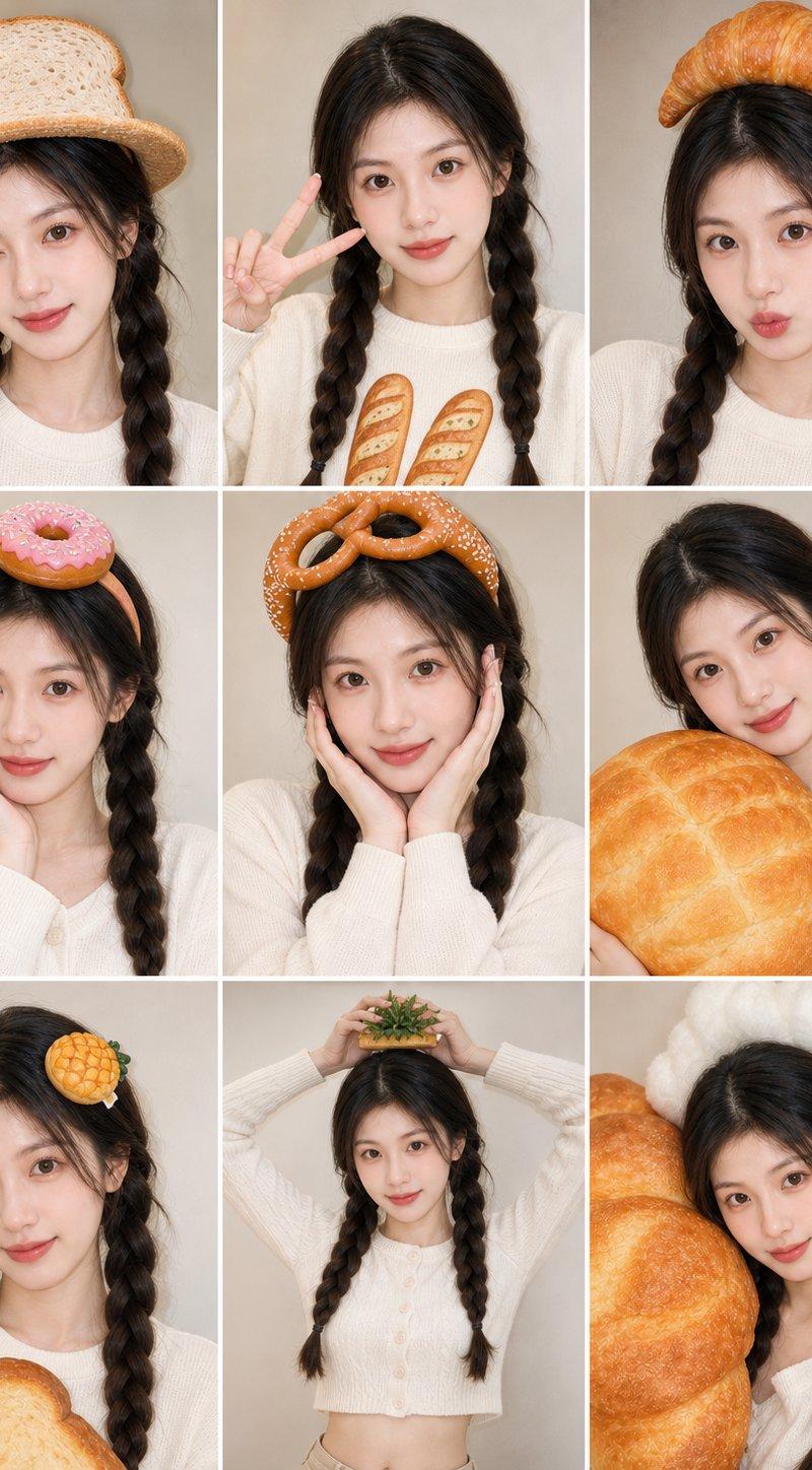 创意面包主题双马尾少女九宫格写真
