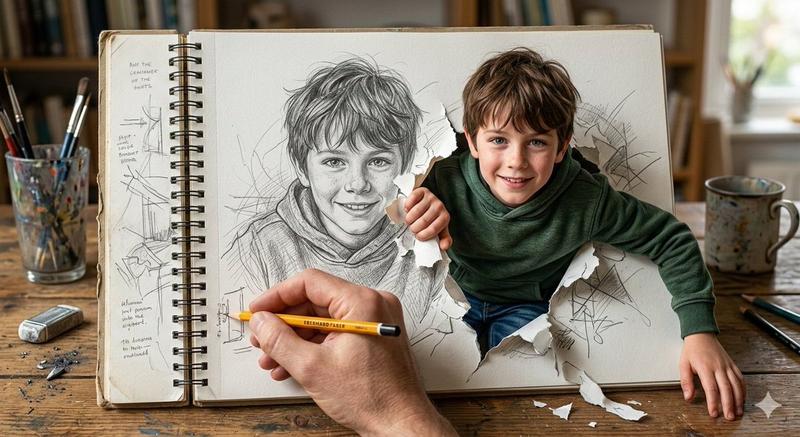 破纸而出的素描少年