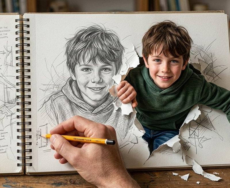 破纸而出的素描少年