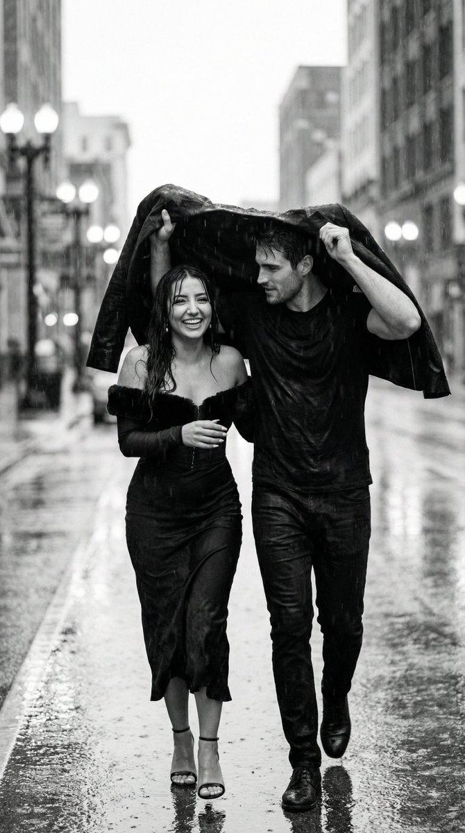黑白纪实暴雨街头的热恋男女
