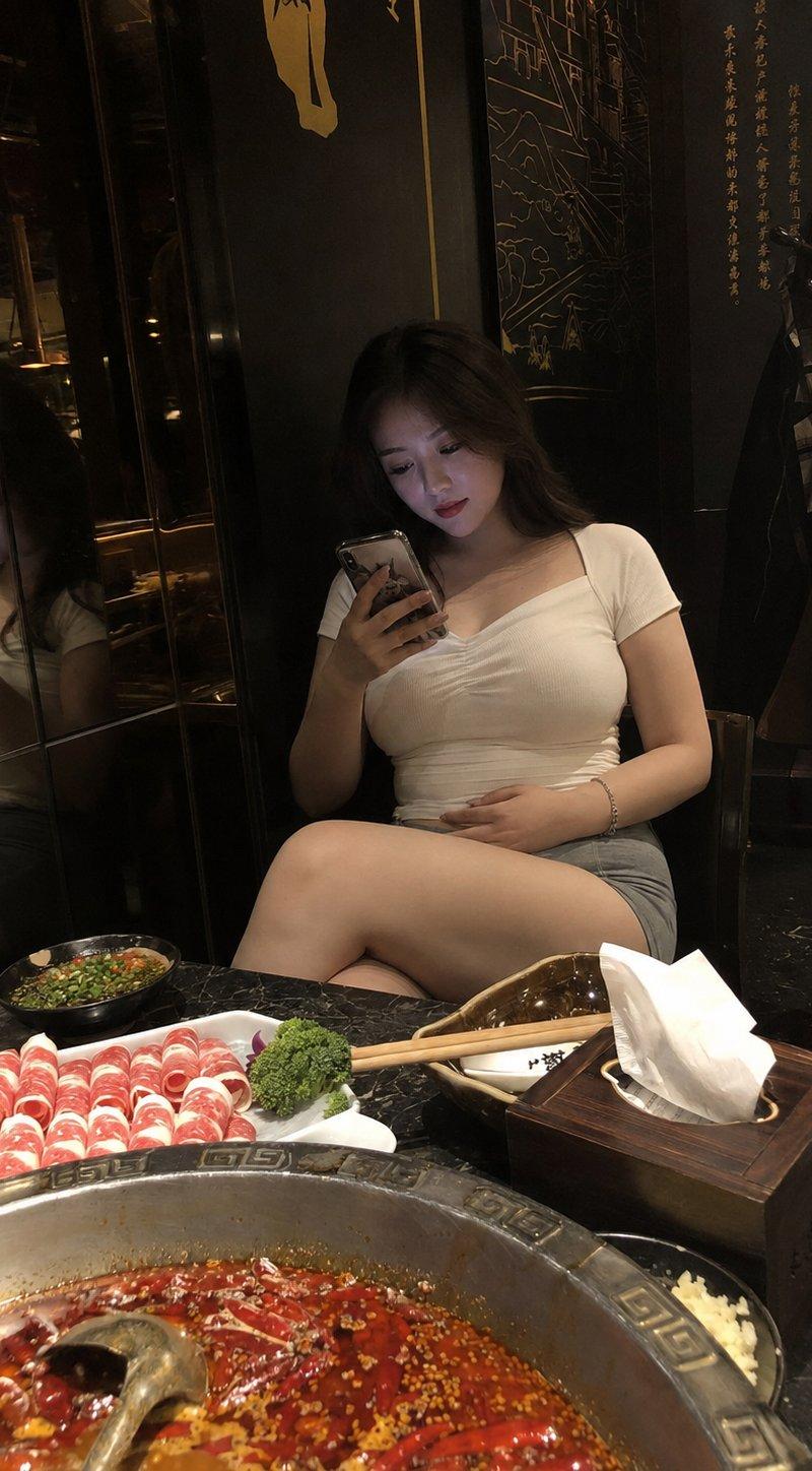 四川火锅店玩手机的中国年轻女子