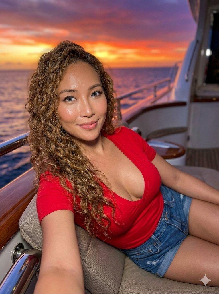 加勒比海夕阳下游艇上的焦糖卷发红衣美人