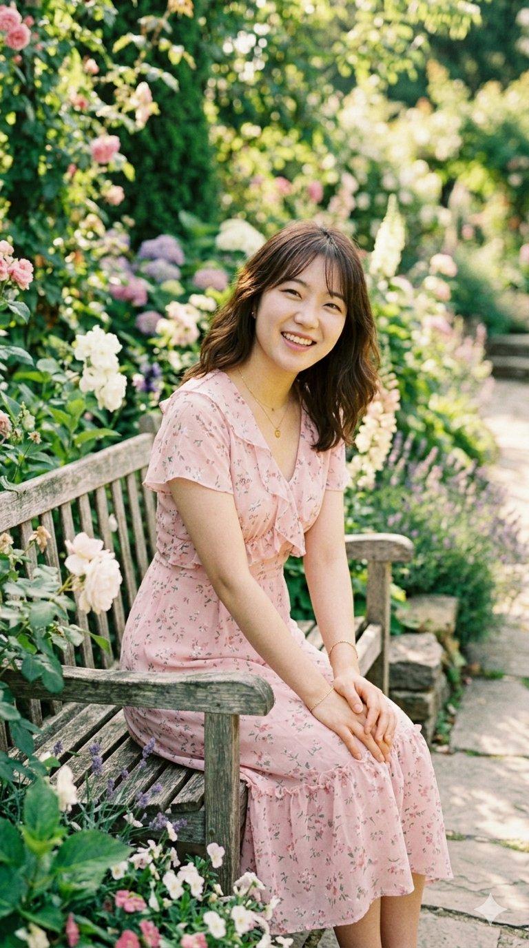 阳光花园中的粉色碎花裙东亚少女