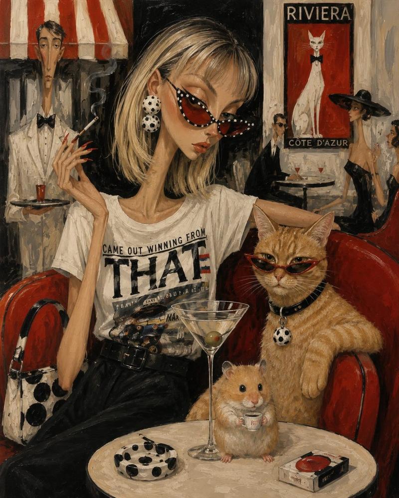 蔚蓝海岸咖啡馆的摩登女郎与墨镜橘猫
