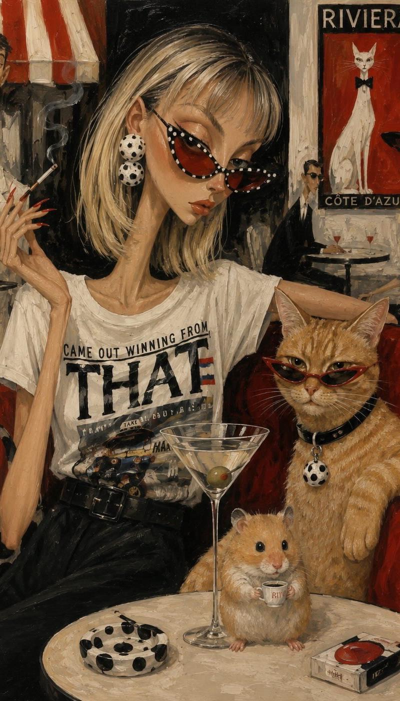 蔚蓝海岸咖啡馆的摩登女郎与墨镜橘猫