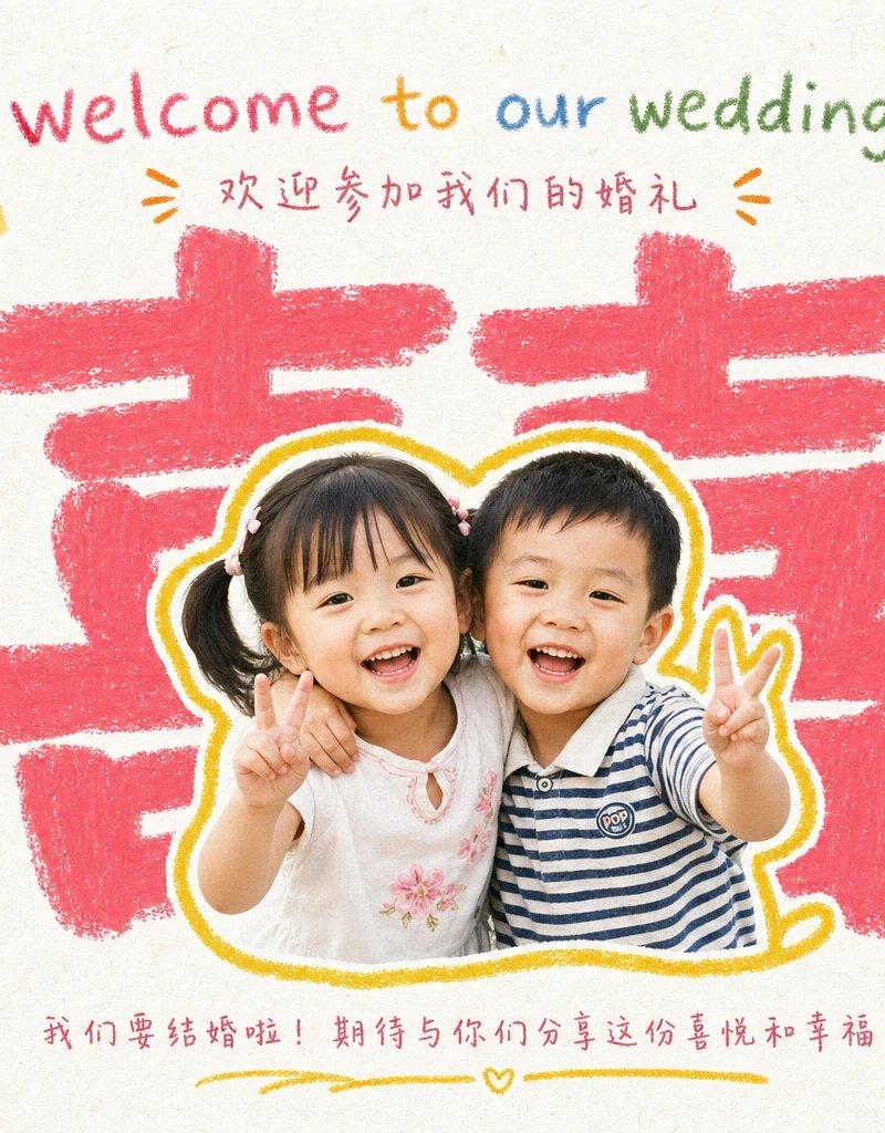 童趣手绘拼贴婚礼邀请函插画