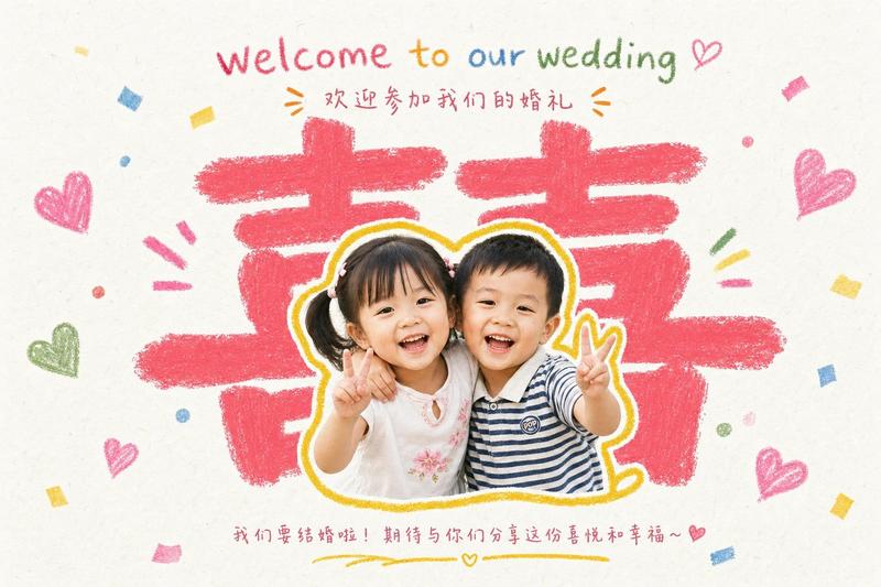 童趣手绘拼贴婚礼邀请函插画