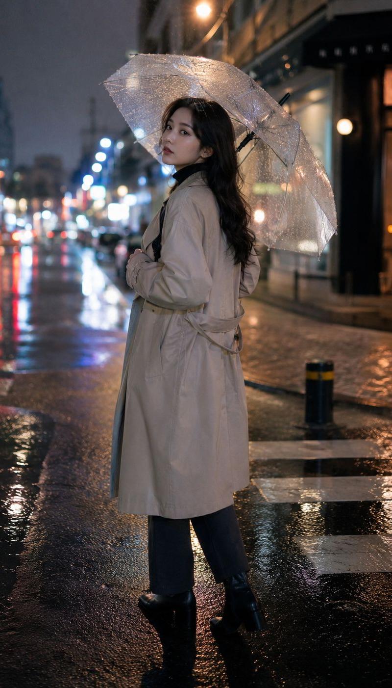 都市雨夜米色風衣少女回眸