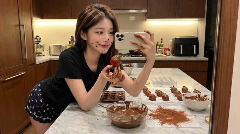 沾满巧克力的俏皮少女厨房超写实自拍