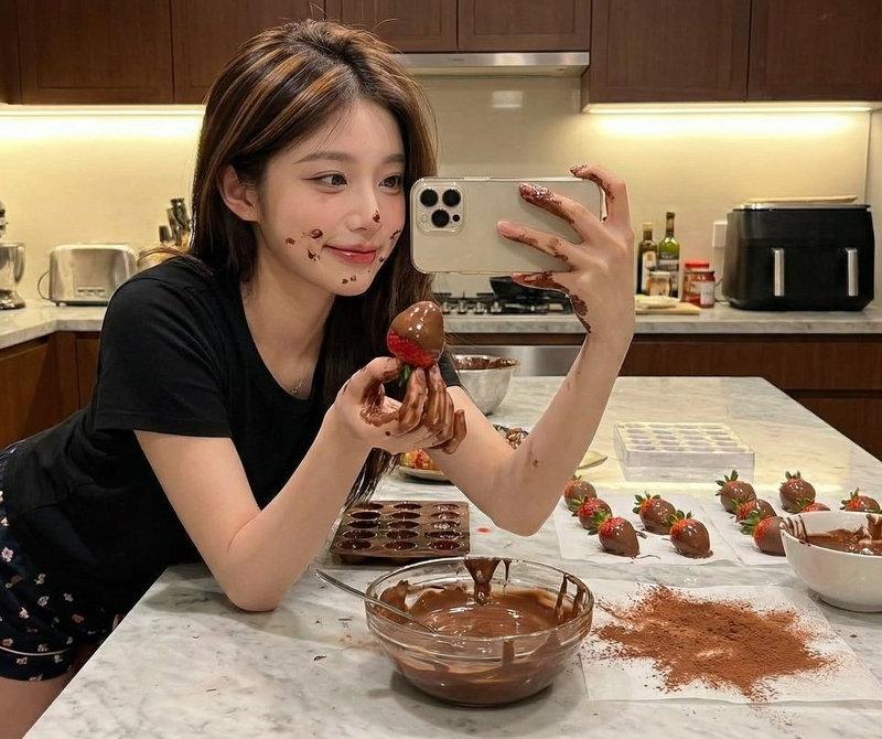 沾满巧克力的俏皮少女厨房超写实自拍
