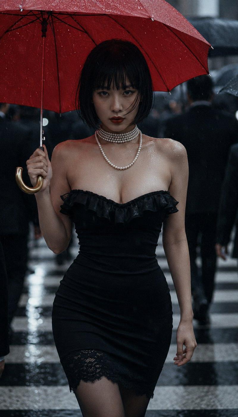 电影感雨中红伞东亚女性肖像