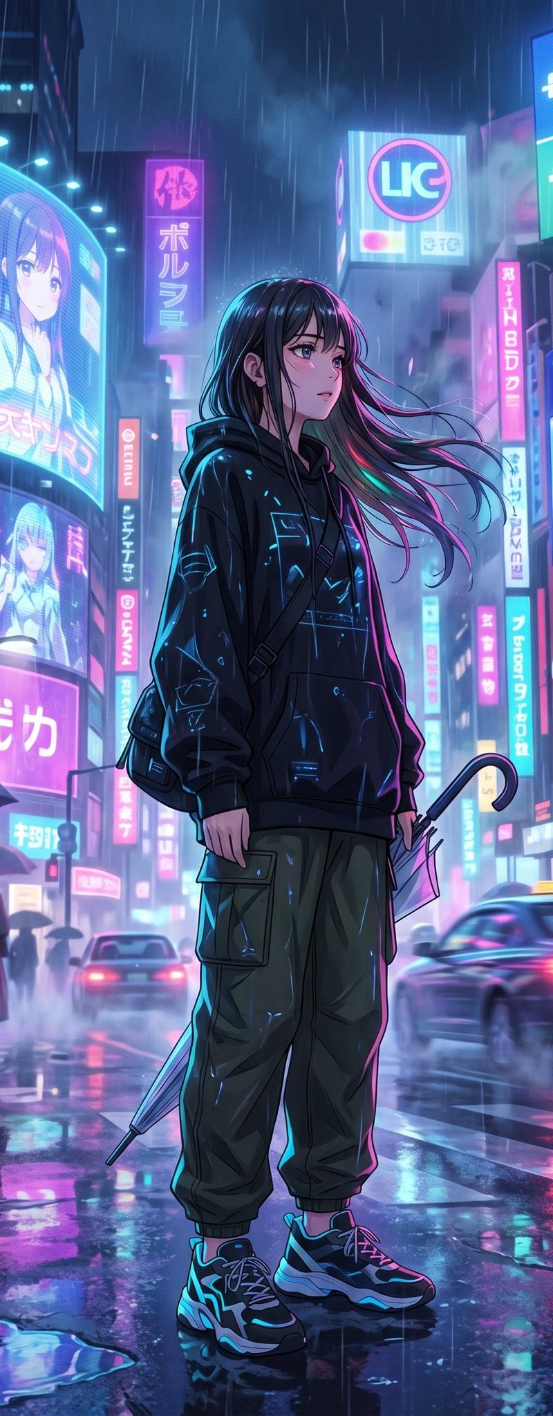 霓虹雨夜街头赛博朋克风少女