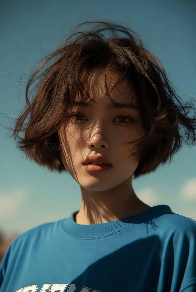 电影感金色时刻短发蓝卫衣亚裔少女