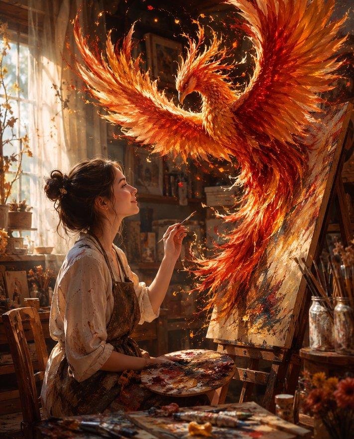 画室少女与画布升起的魔法火鸟