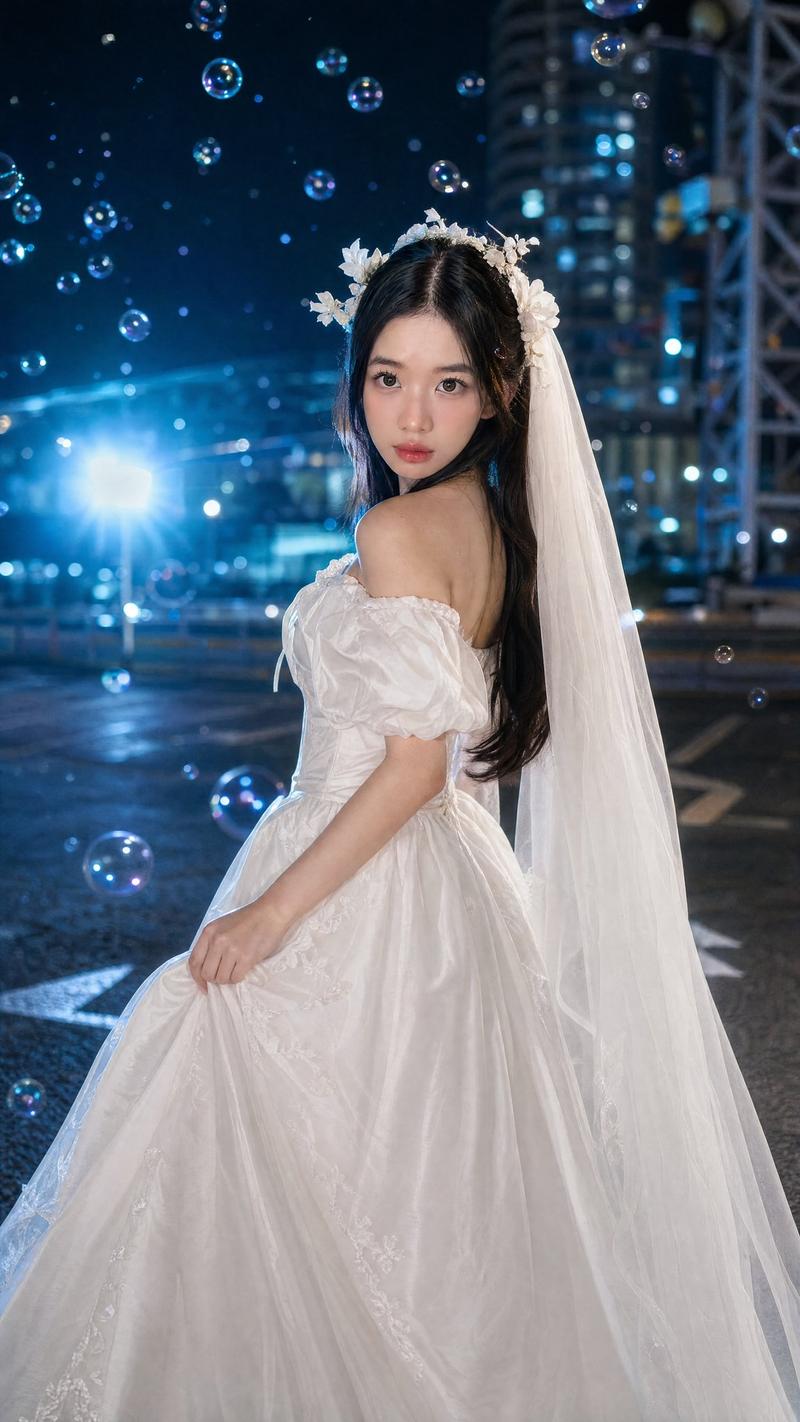 电影感都市夜色白婚纱少女泡泡人像