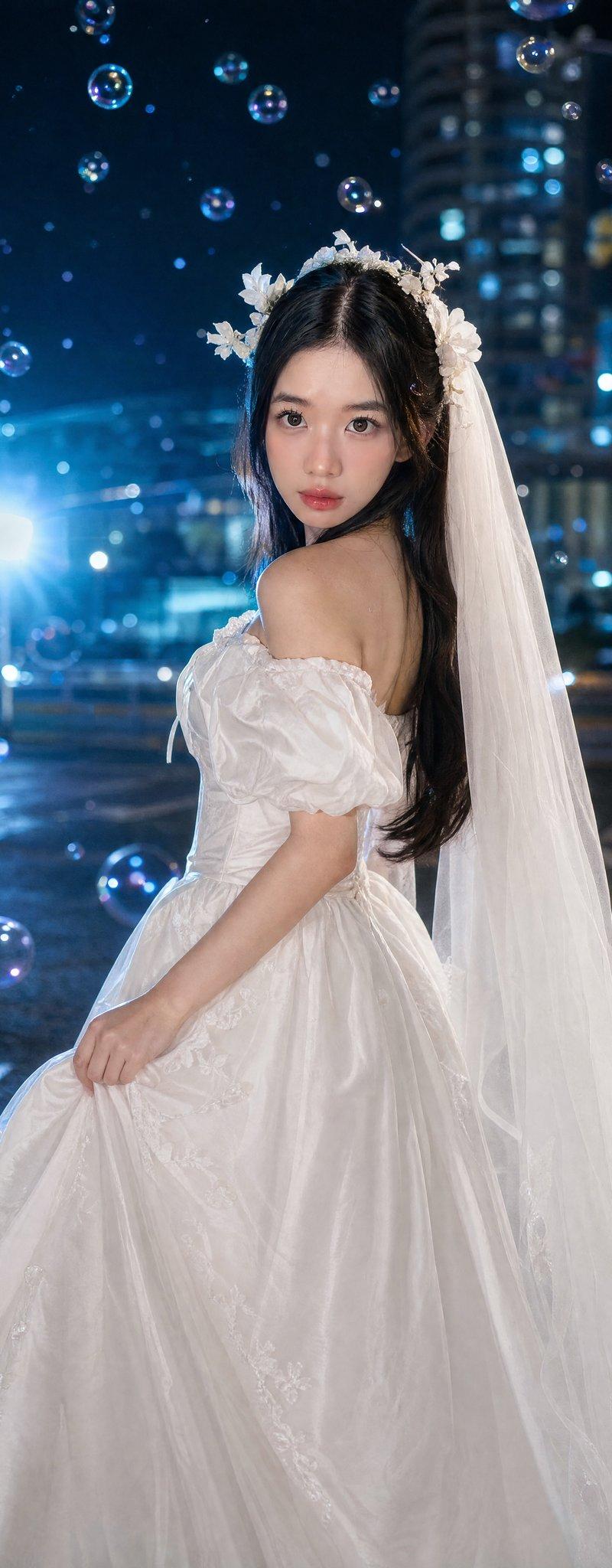 电影感都市夜色白婚纱少女泡泡人像