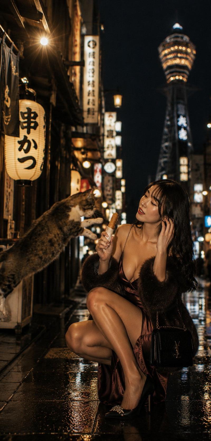 大阪小巷电影感街拍女性与猫
