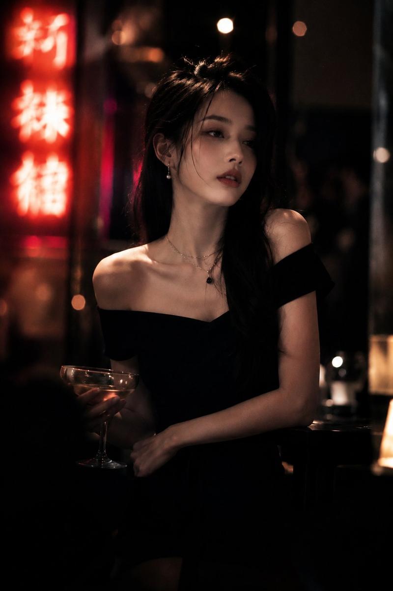 酒吧独坐的黑发露肩礼服美女电影感人像