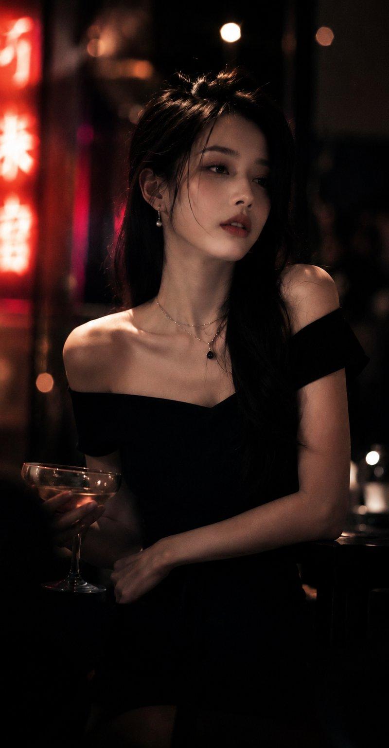 酒吧独坐的黑发露肩礼服美女电影感人像
