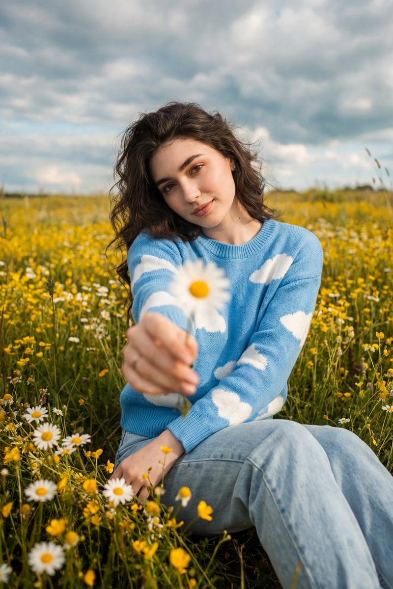 雏菊丛中的电影感复古胶片少女