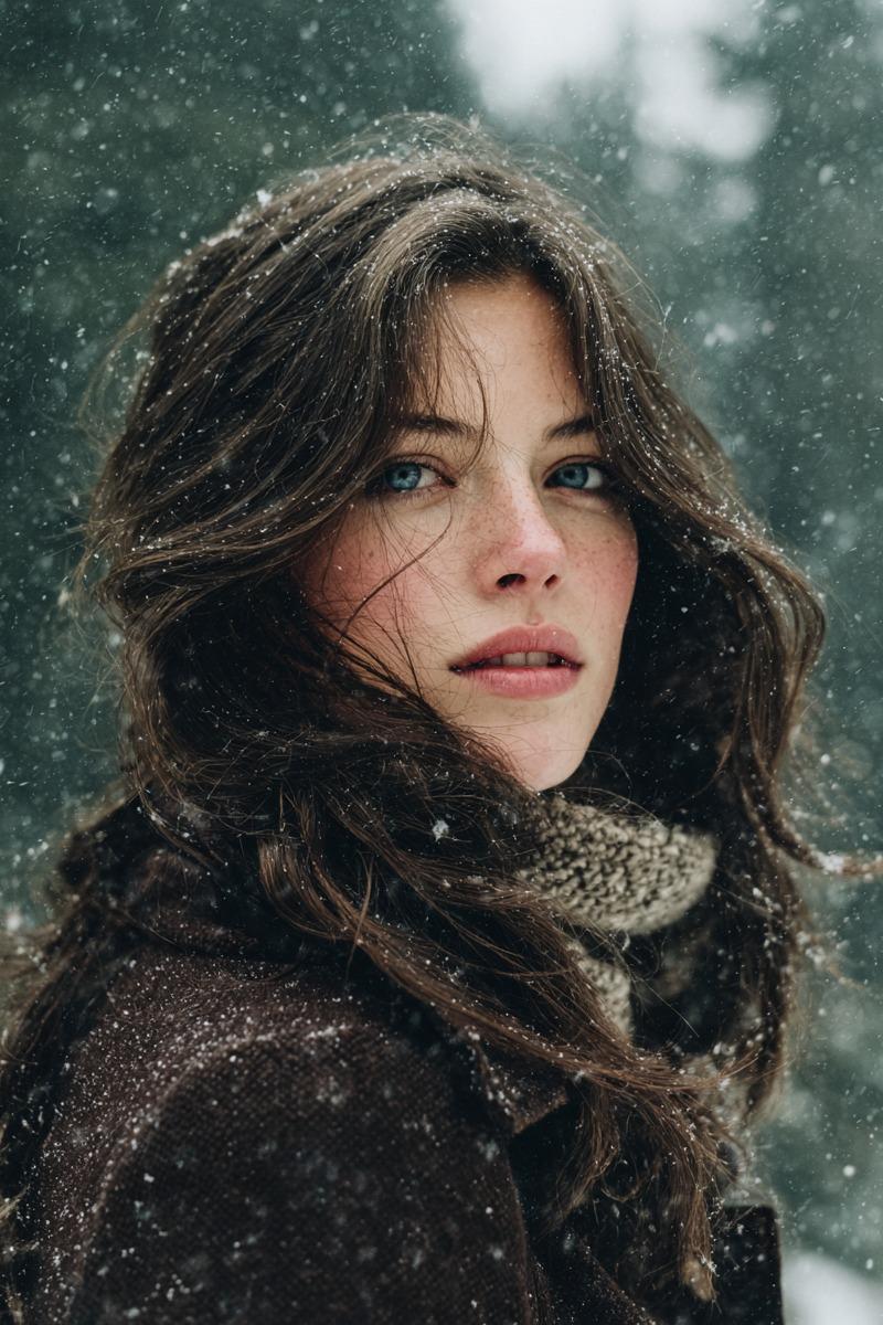 漫天飞雪中回眸的电影感森林少女