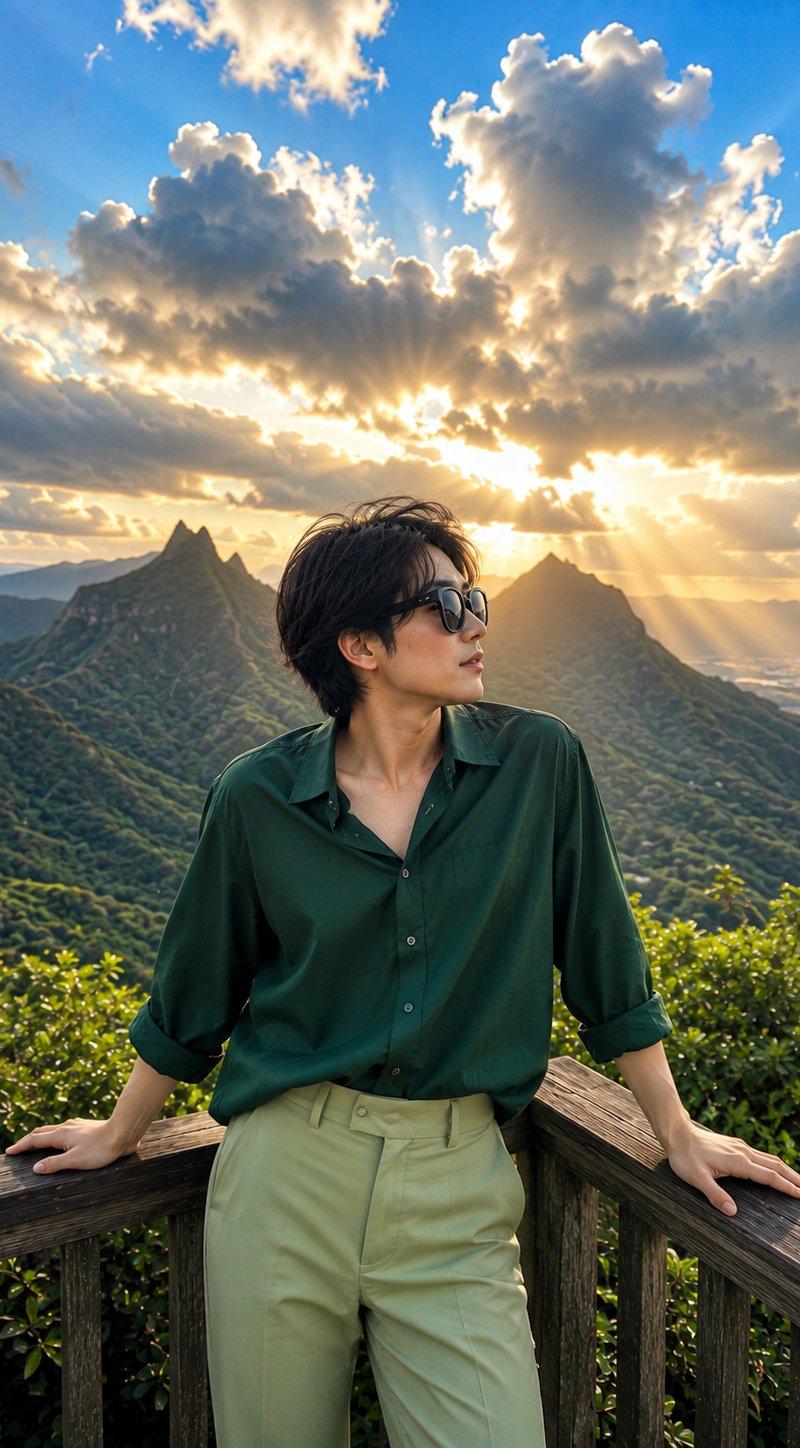 山间观景台优雅日本女性电影感旅行人像