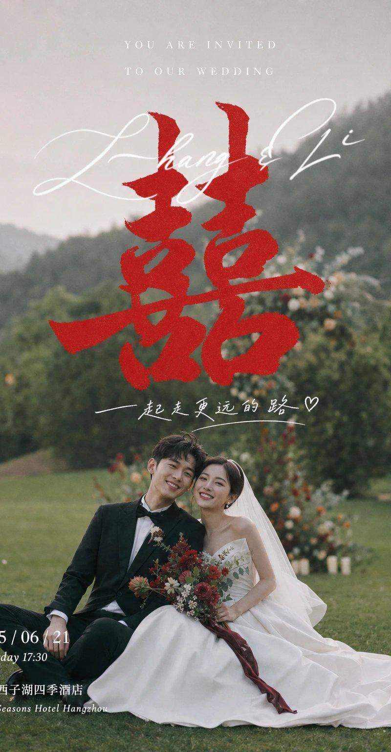 电影感婚宴邀请视觉设计 柔焦影像背景加中心囍字