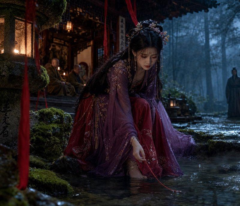 迷雾古寺深夜溪边执红线汉服少女