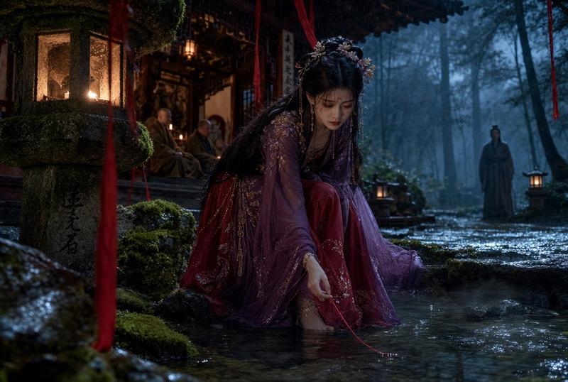 迷雾古寺深夜溪边执红线汉服少女