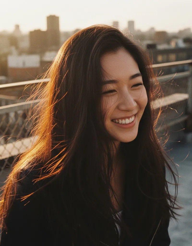 城市天台落日余晖下的微笑少女