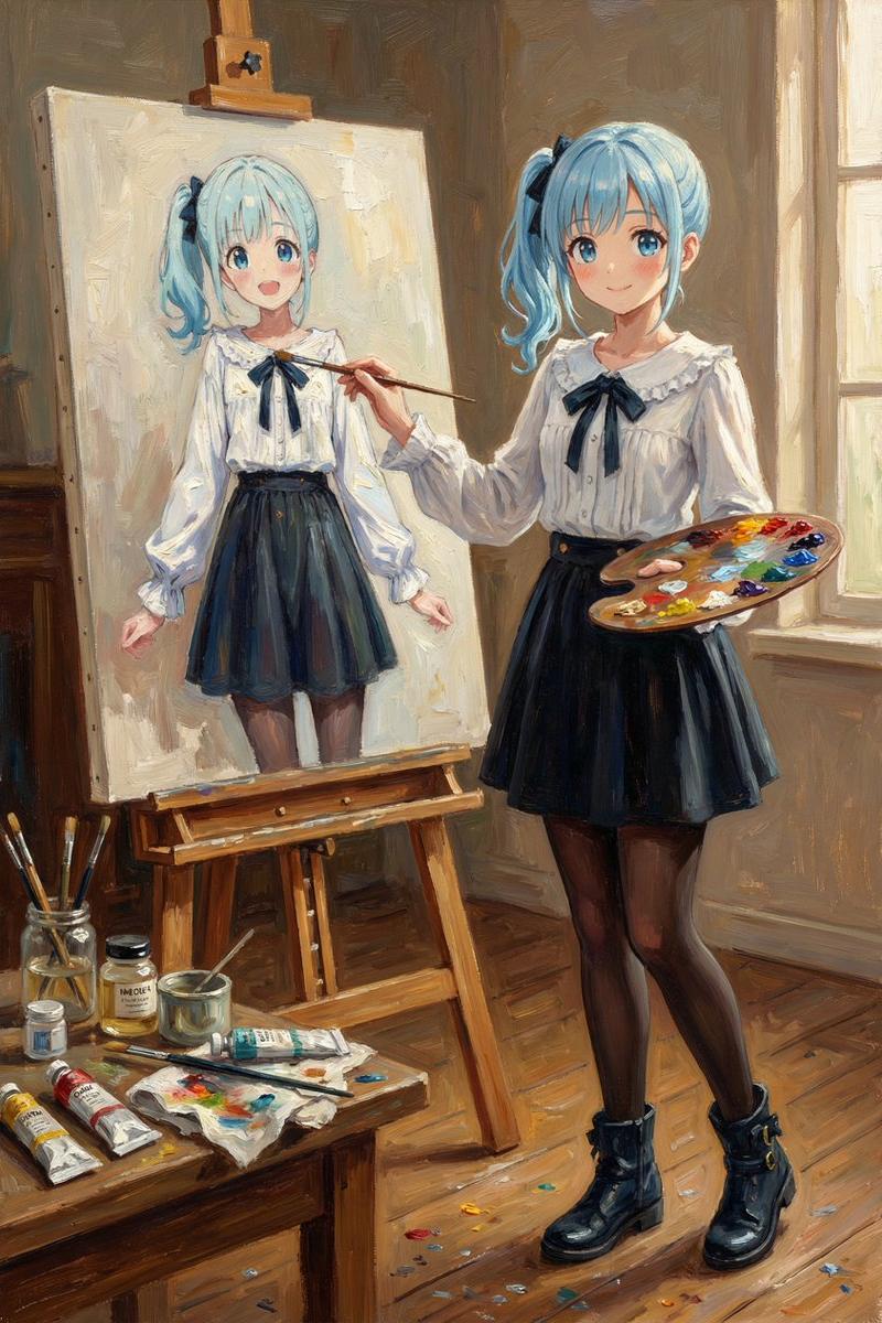 午后画室绘制自画像的经典油画少女
