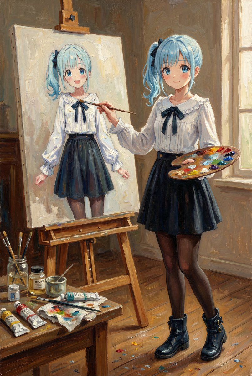 午后画室绘制自画像的经典油画少女