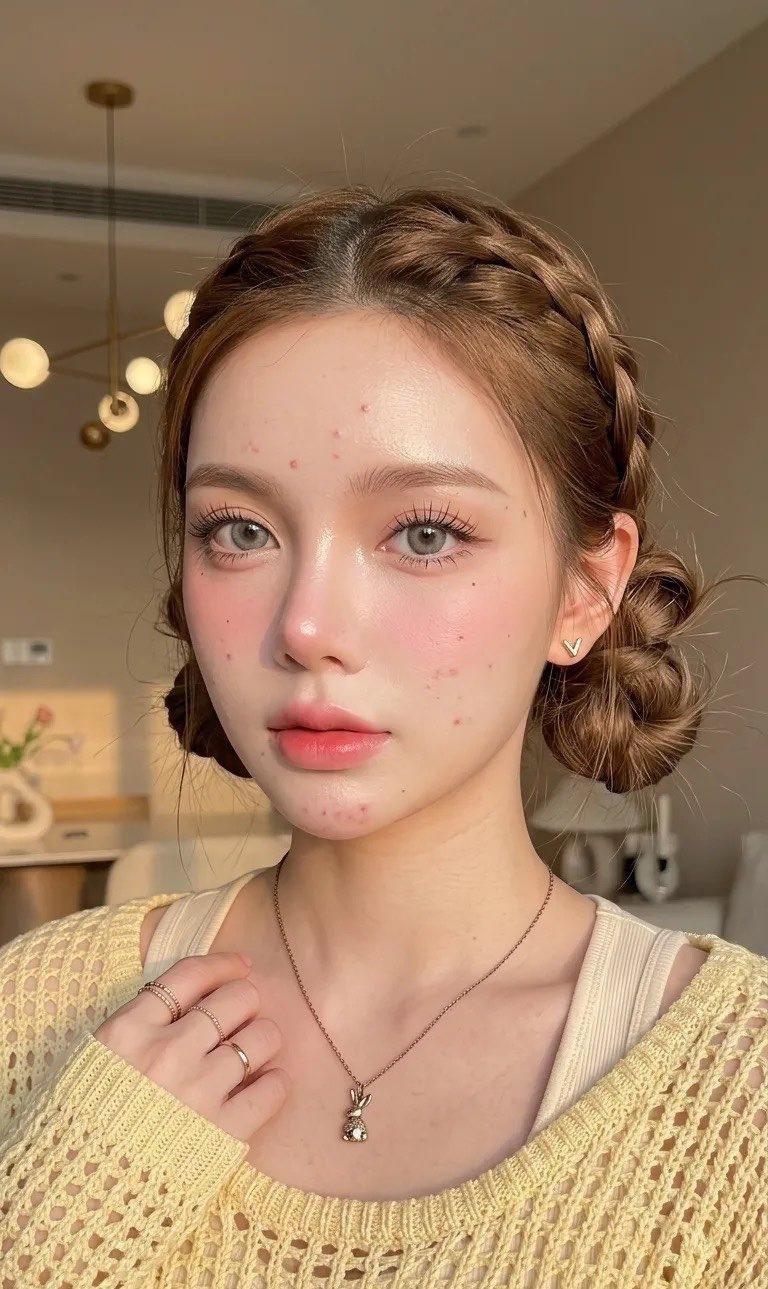 奶油色毛衣可爱表情少女特写