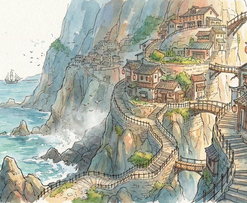 悬崖水彩画里的海边童话村庄