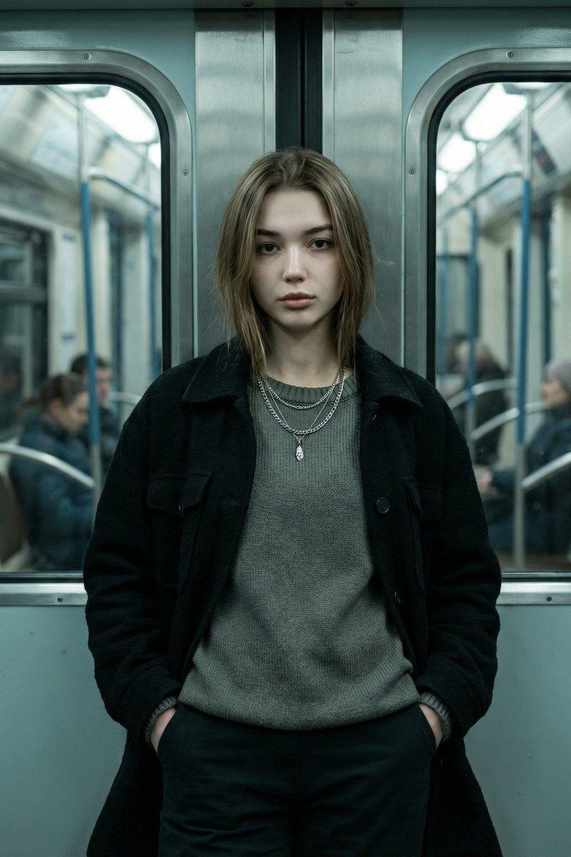 地铁车厢里的冷酷时尚女郎