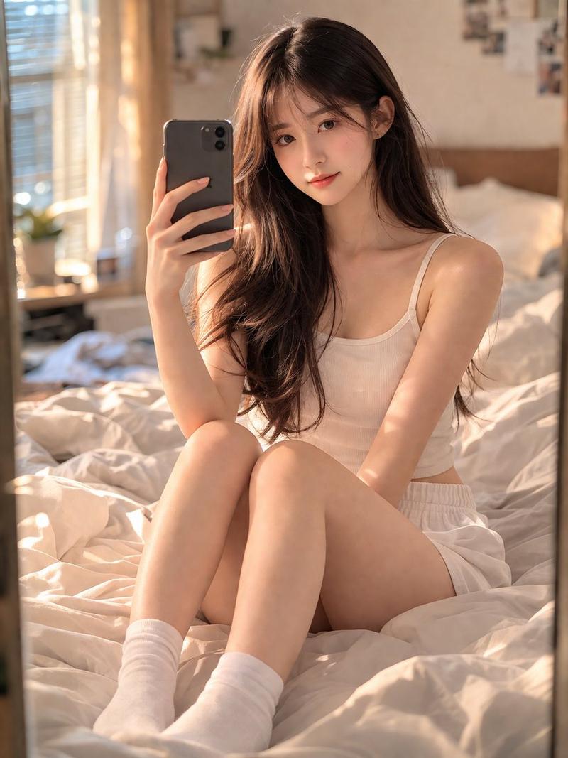 温馨卧室里的少女自拍