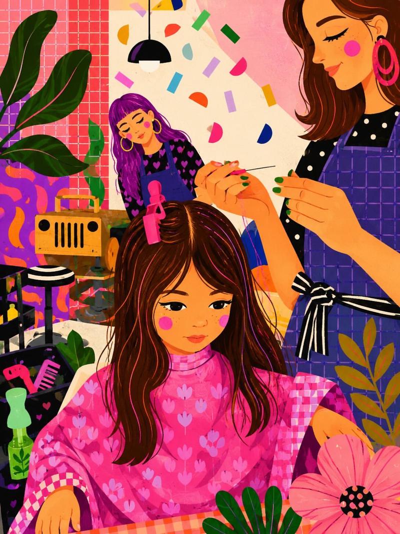 梦幻复古少女风美发沙龙插画