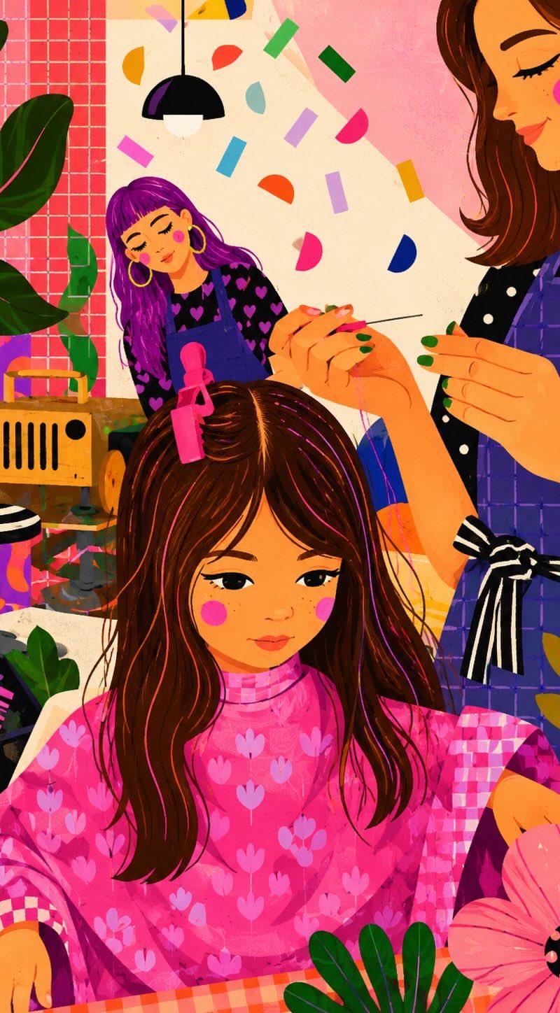 梦幻复古少女风美发沙龙插画