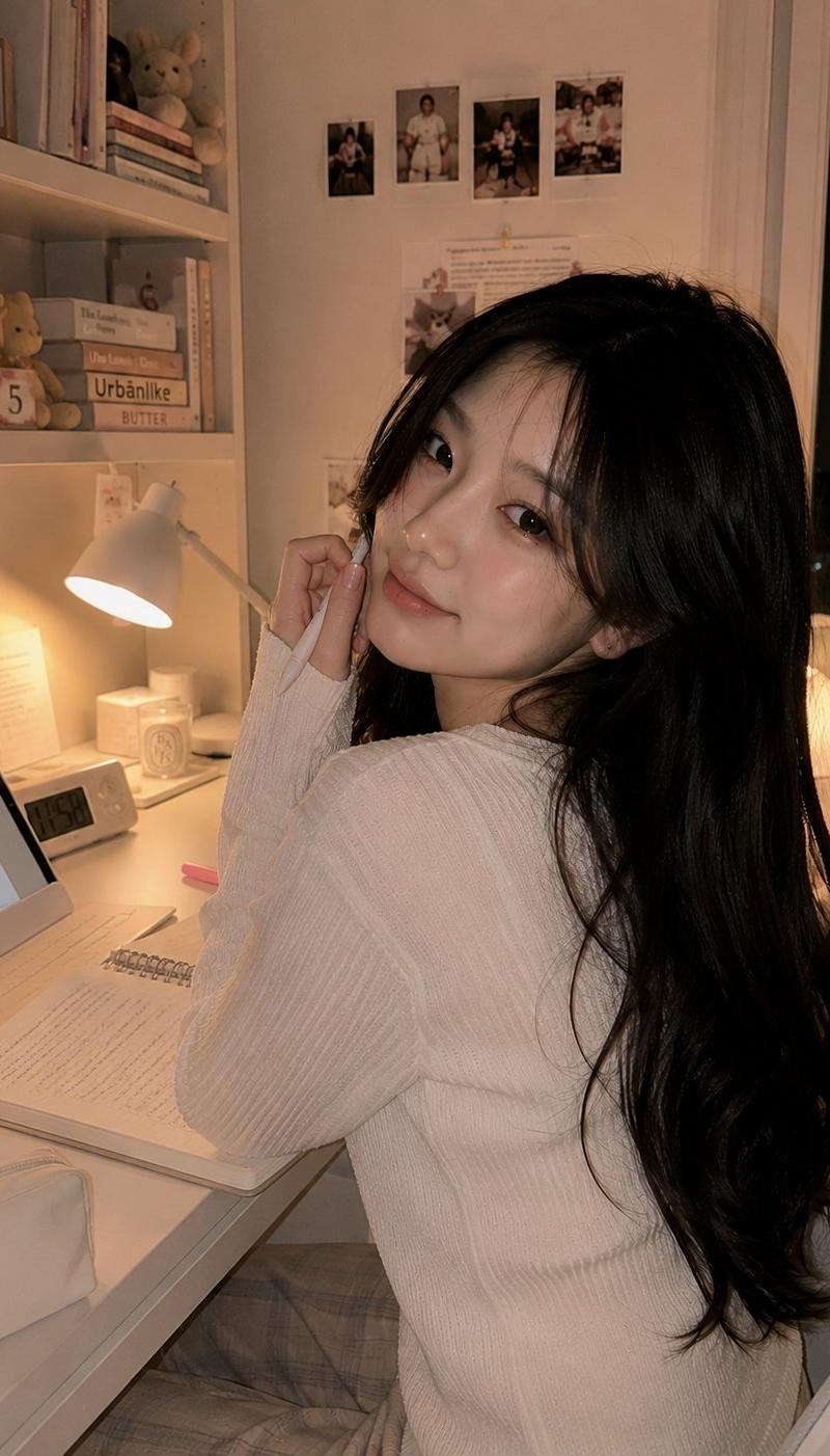奶油色调韩系少女深夜书房温馨写真